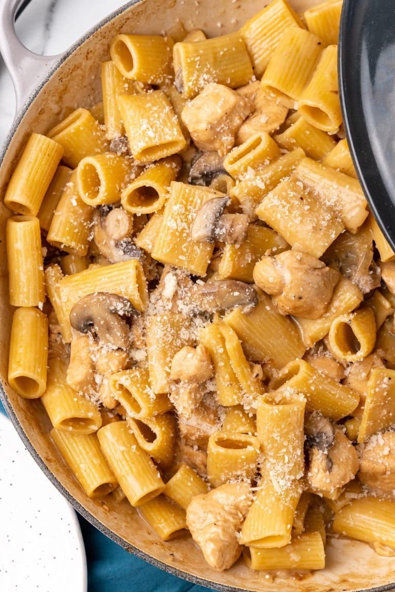 creamy chicken marsala pasta in a large skillet