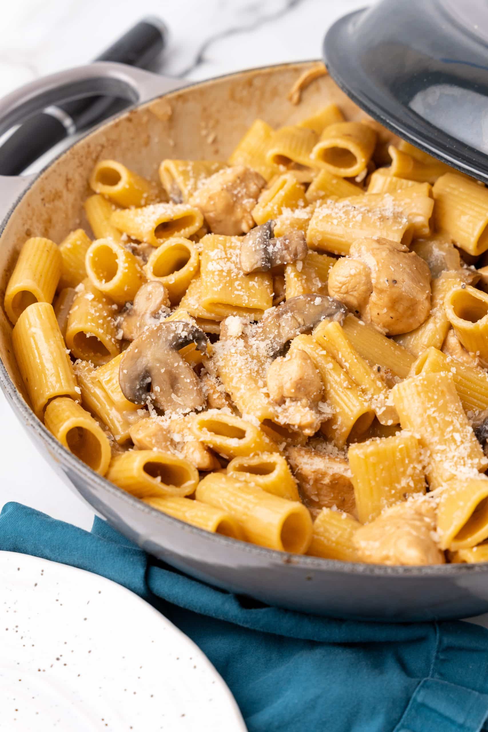 one pot chicken marsala pasta in a large skillet