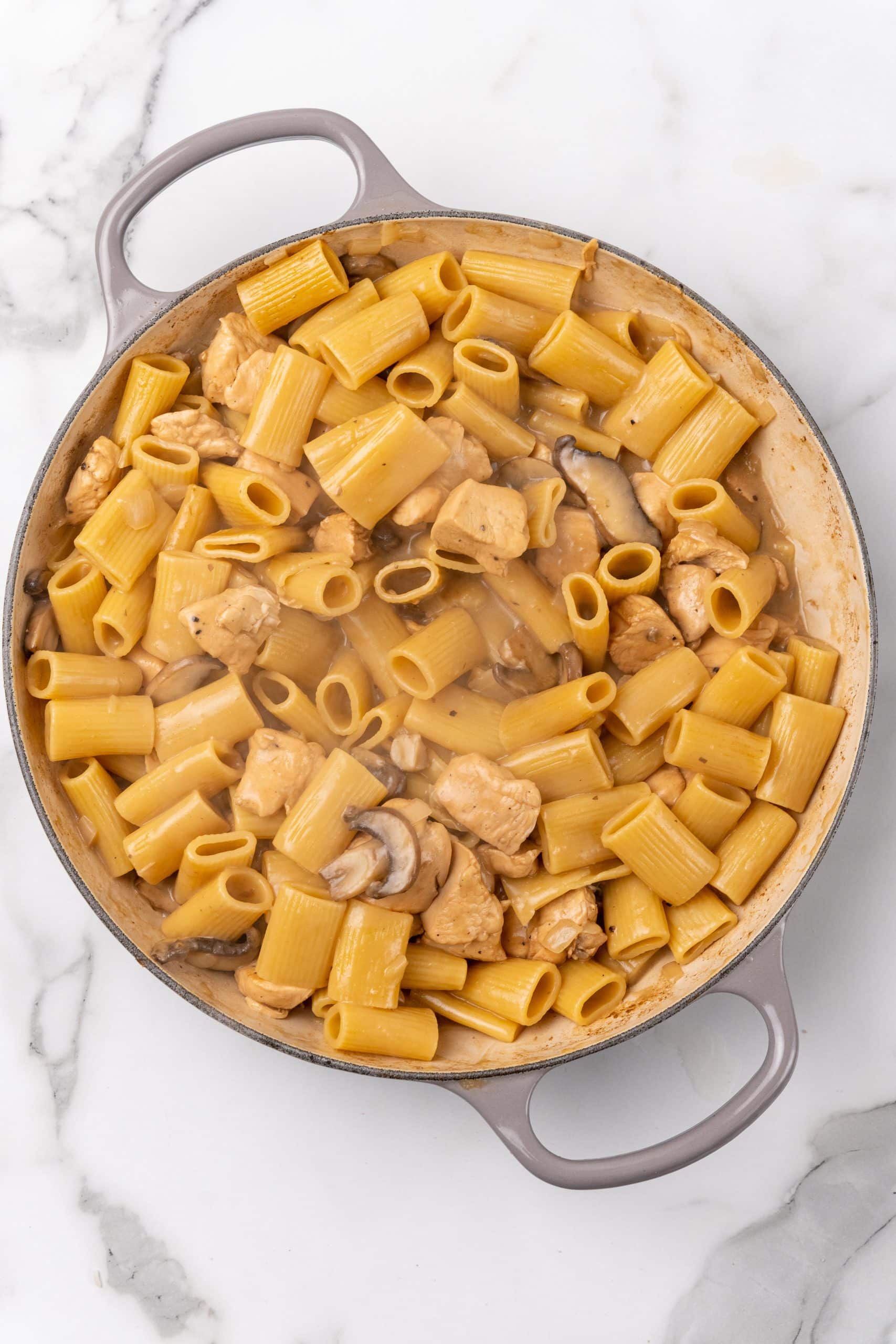 easy chicken marsala pasta in a gray skillet