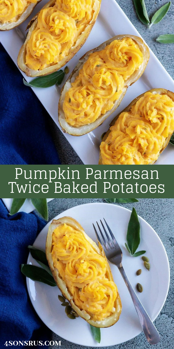 Want to infuse your meal time with all things Fall? On top of the traditional sides, you’ll want to include these Pumpkin Parmesan Twice Baked Potatoes on your menu. Crisp, russet potato shells are filled with a savor mixture of whipped potatoes, smooth pumpkin, warm sage, and tangy Parmesan cheese. It’s a seasonal spin on the classic baked potato that doesn’t disappoint.