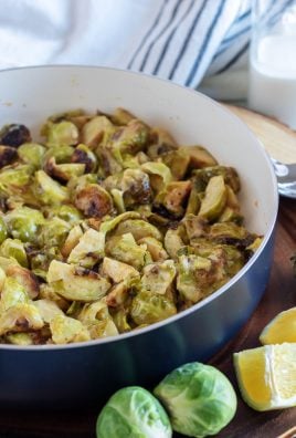 cream braised brussels sprouts in a large blue pot