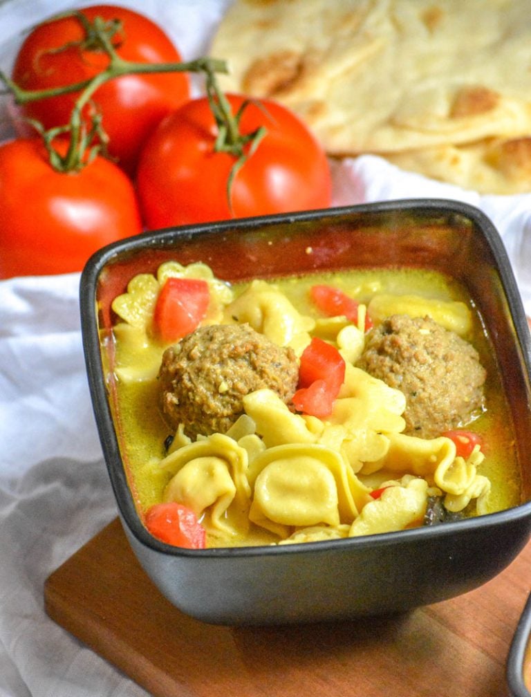 curry flavored tortellini soup with meatballs