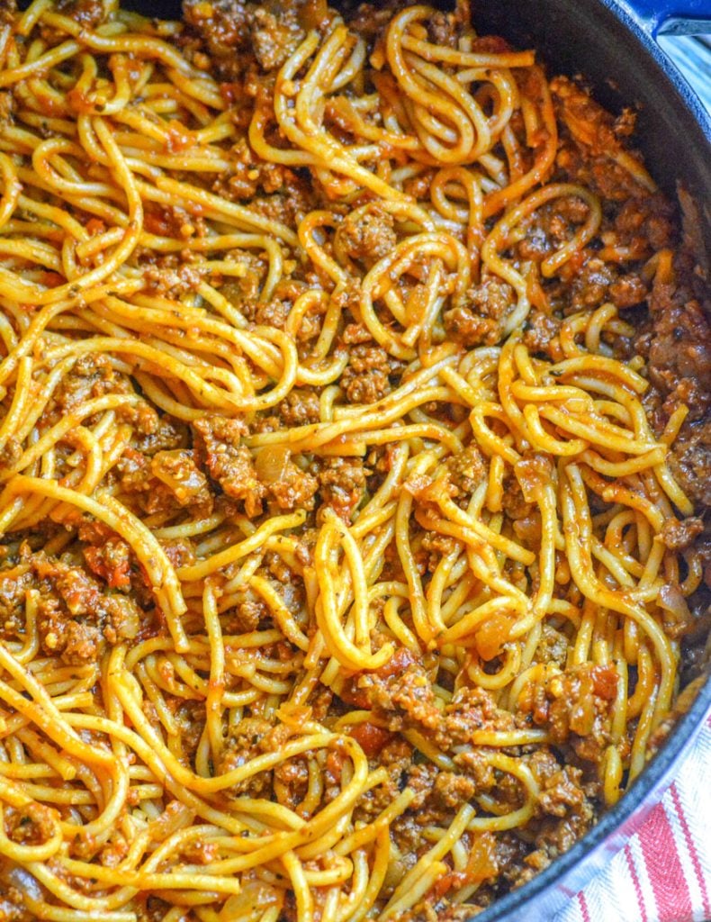 One Pot Spaghetti in a large blue pot