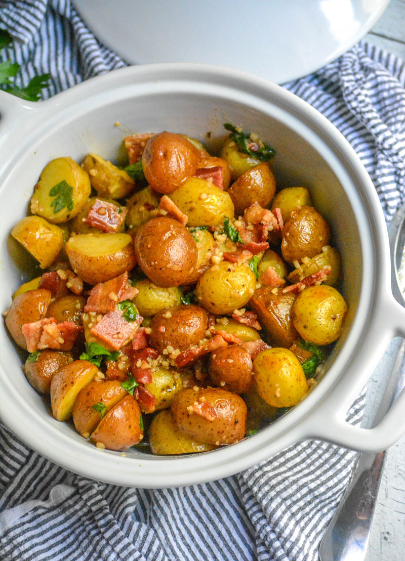 WARM BACON HONEY MUSTARD POTATO SALAD IN A WHITE POT