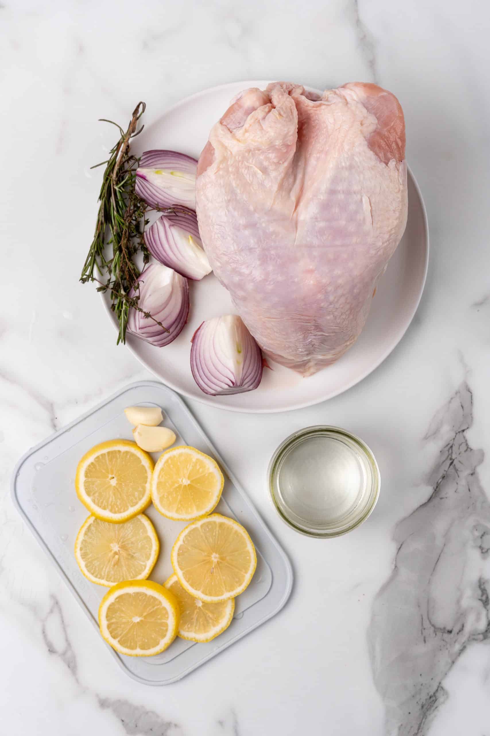 an overhead image showing the measured ingredients needed to make a turkey breast in the instant pot