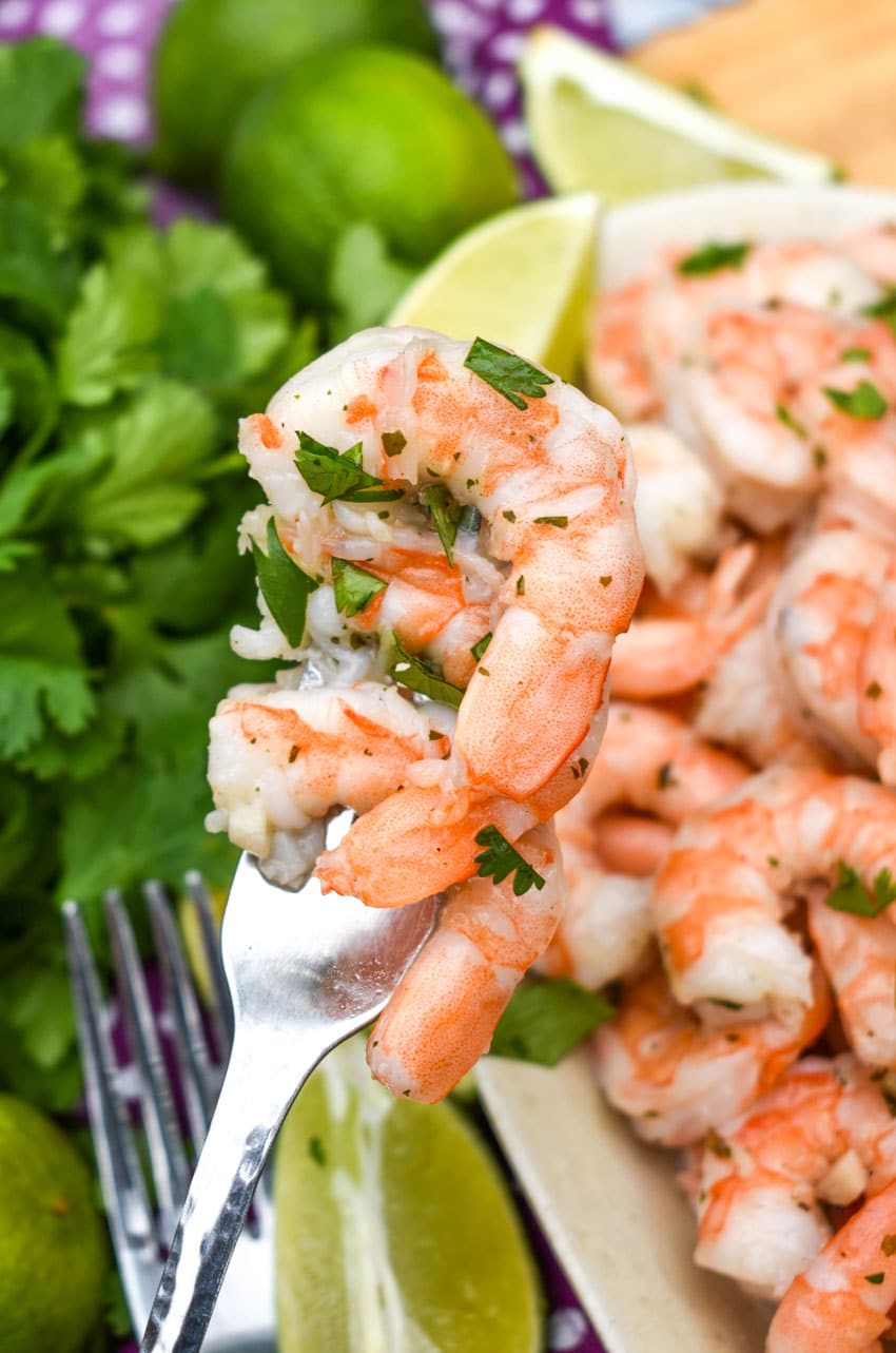 a silver fork holding up cilantro lime shrimp