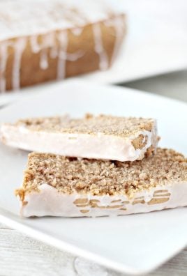slices of iced ginger bread loaf on a white plate