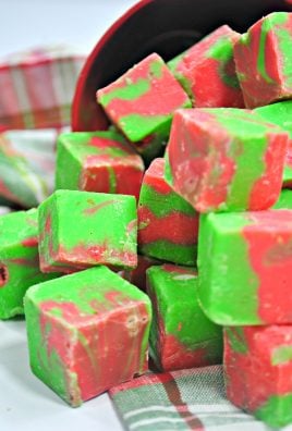 squares of grinch fudge on a checkered cloth napkin