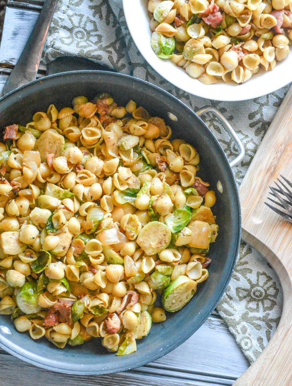 BACON BRUSSELS SPROUT PASTA IN A BLACK SKILLET