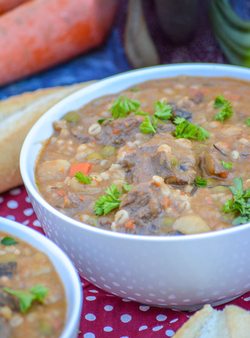 BEEF AND BARLEY STEW IN A WHITE SOUP BOWL