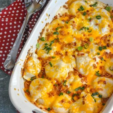 BAKED CHEDDAR BACON RANCH PIEROGI IN A CASSEROLE DISH