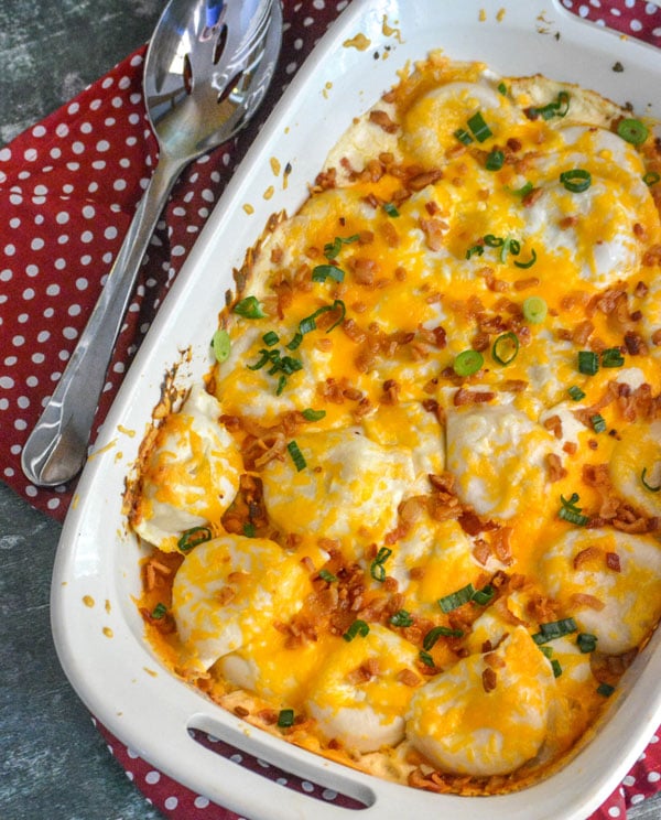 BAKED CHEDDAR BACON RANCH PIEROGI IN A CASSEROLE DISH