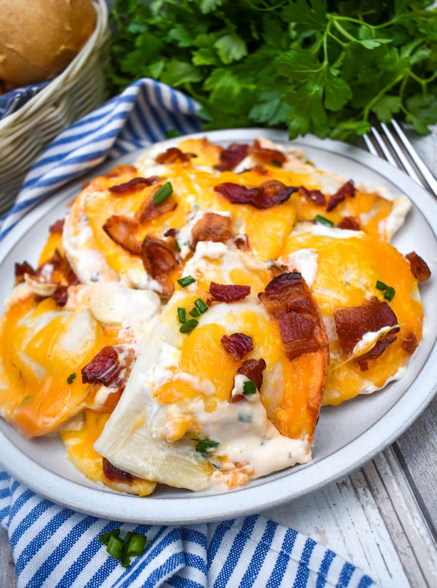 cheddar bacon ranch pierogi bake on a white plate