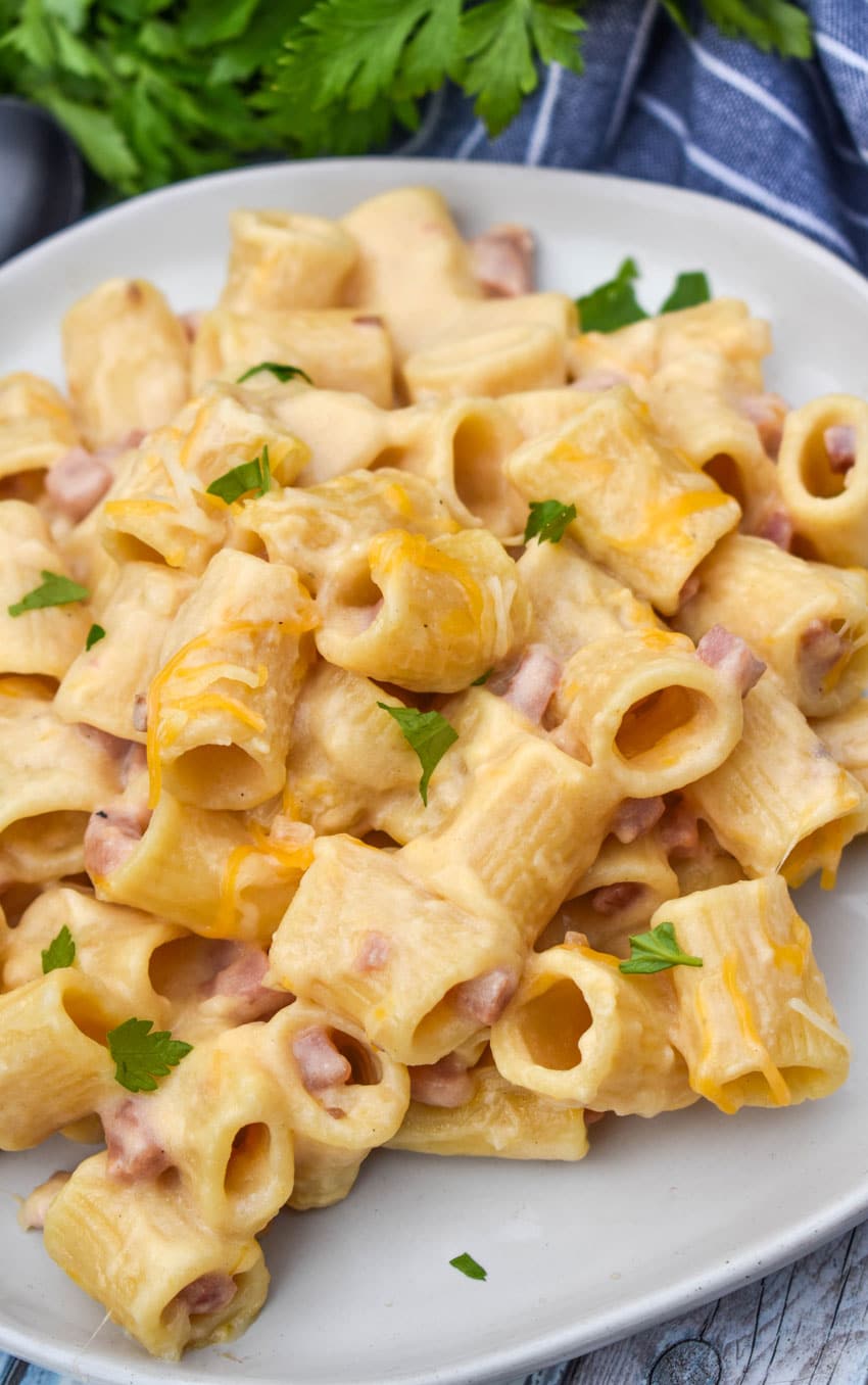 cheesy riggies pasta with ham on a white plate