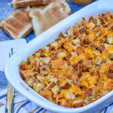 chicken and waffles casserole next to slices of toast