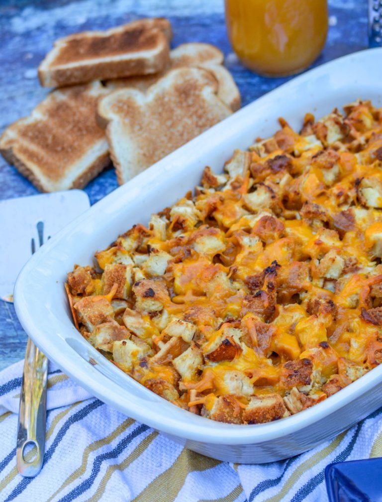 chicken and waffles casserole next to slices of toast