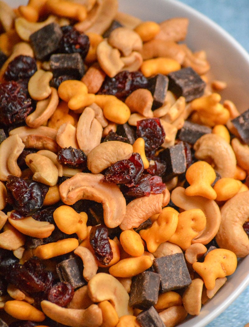 homemade sweet and salty trail mix in a white bowl