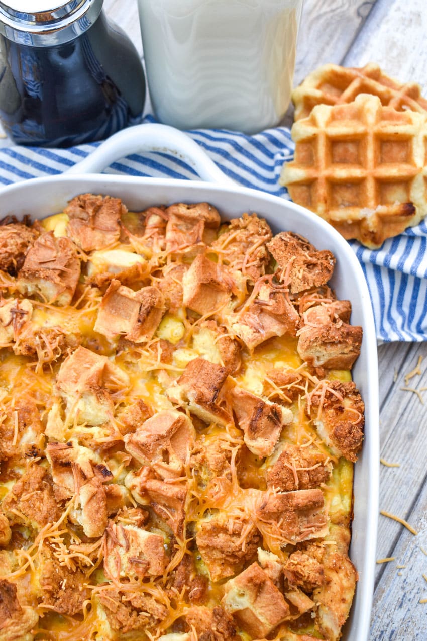 chicken and waffles breakfast casserole in a white baking dish