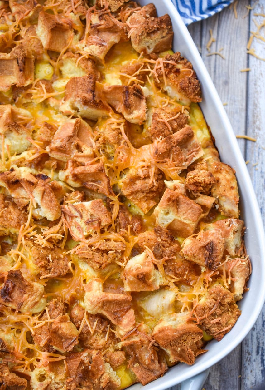 chicken and waffles breakfast casserole in a white baking dish