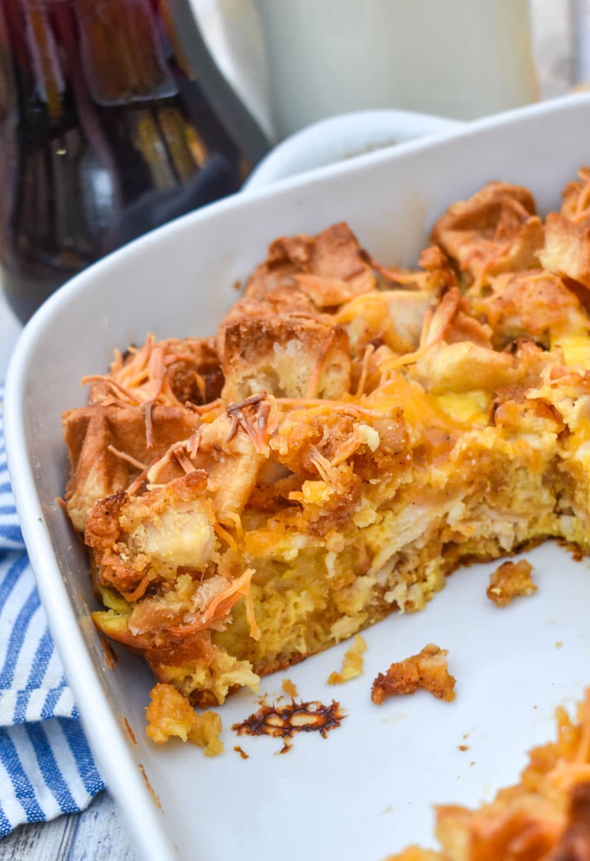 chicken and waffles breakfast casserole in a white baking dish