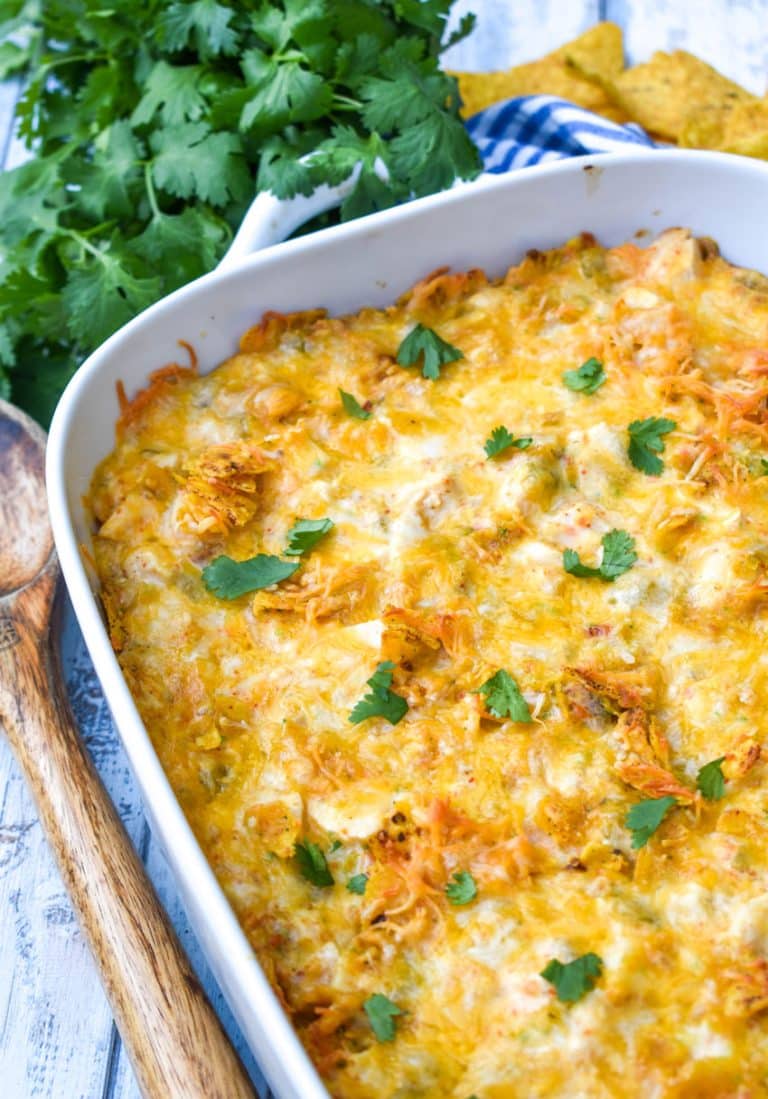 cool ranch doritos chicken casserole on a white baking dish