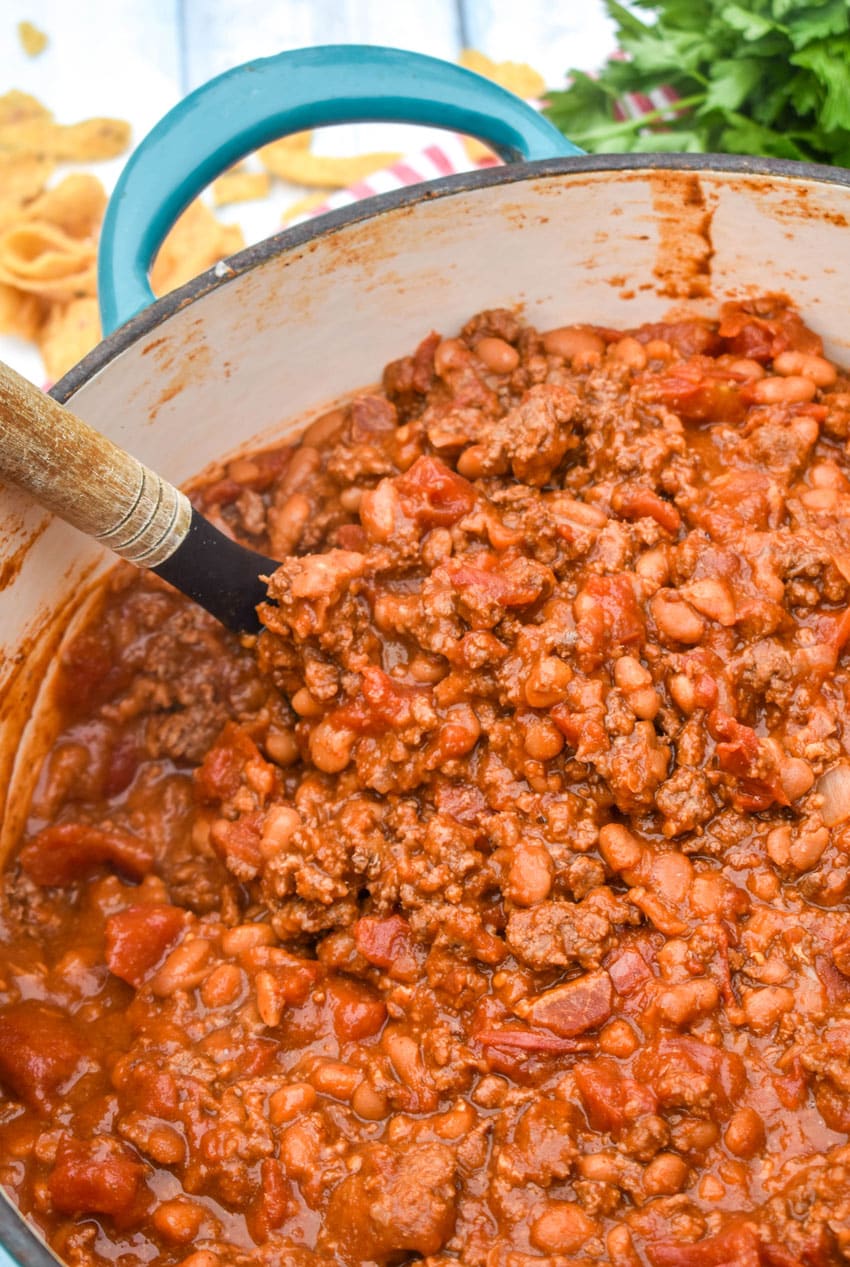 ground beef baked bean chili in a large dutch oven