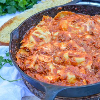 RAVIOLI LASAGNA IN A LARGE BLACK CAST IRON SKILLET