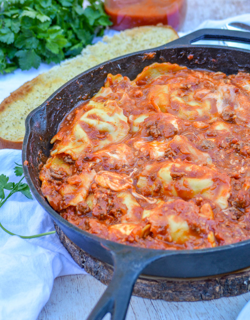 RAVIOLI LASAGNA IN A LARGE BLACK CAST IRON SKILLET