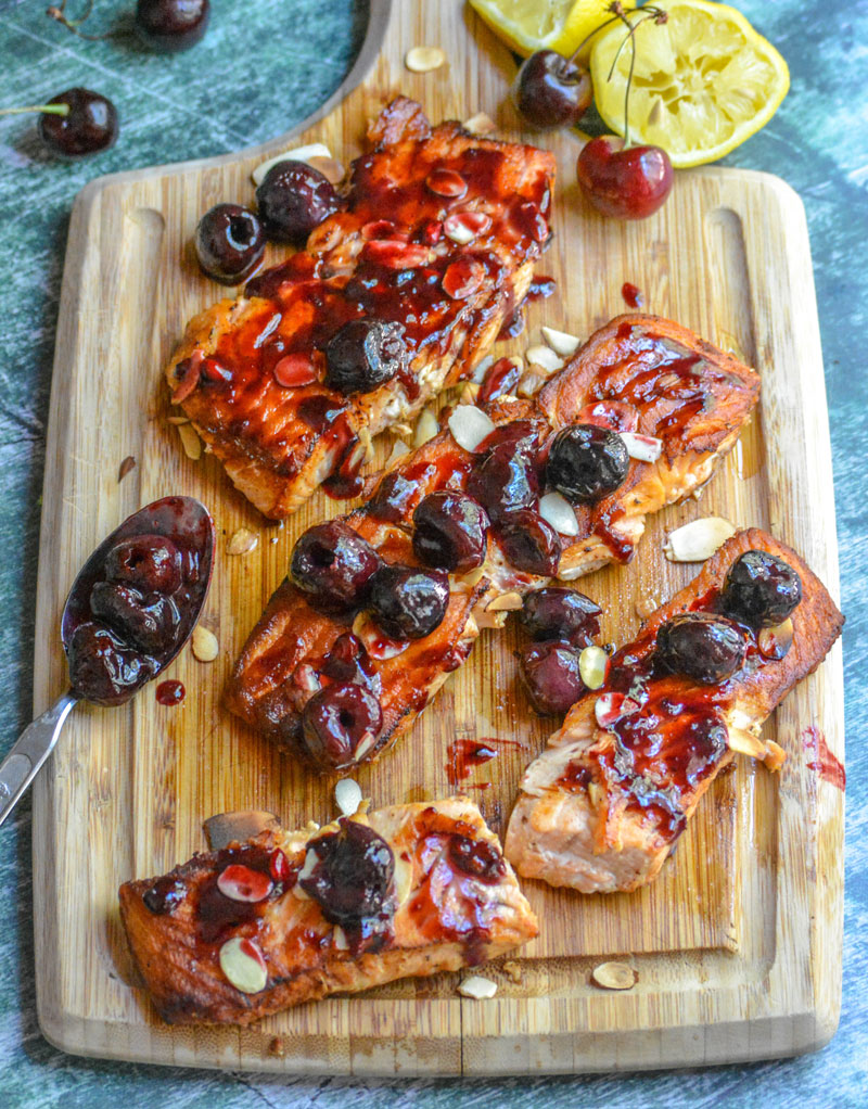 skillet cooked salmon glazed with a fresh sweet cherry & almond sauce