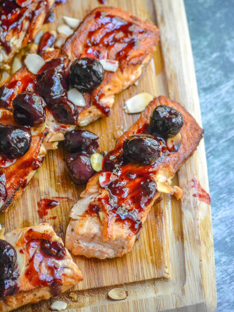 Pan Seared Salmon with Fresh Cherry Almond Sauce