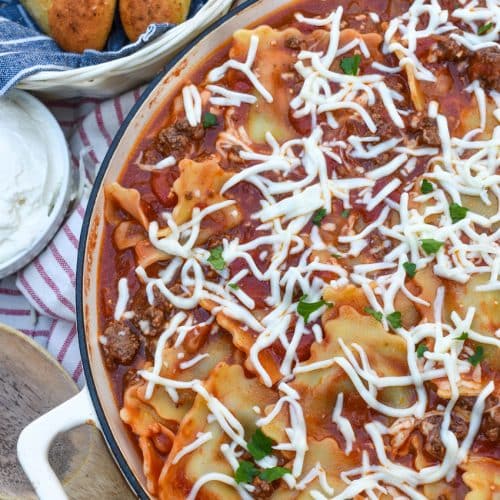 EASY RAVIOLI LASAGNA IN A LARGE CAST IRON SKILLET