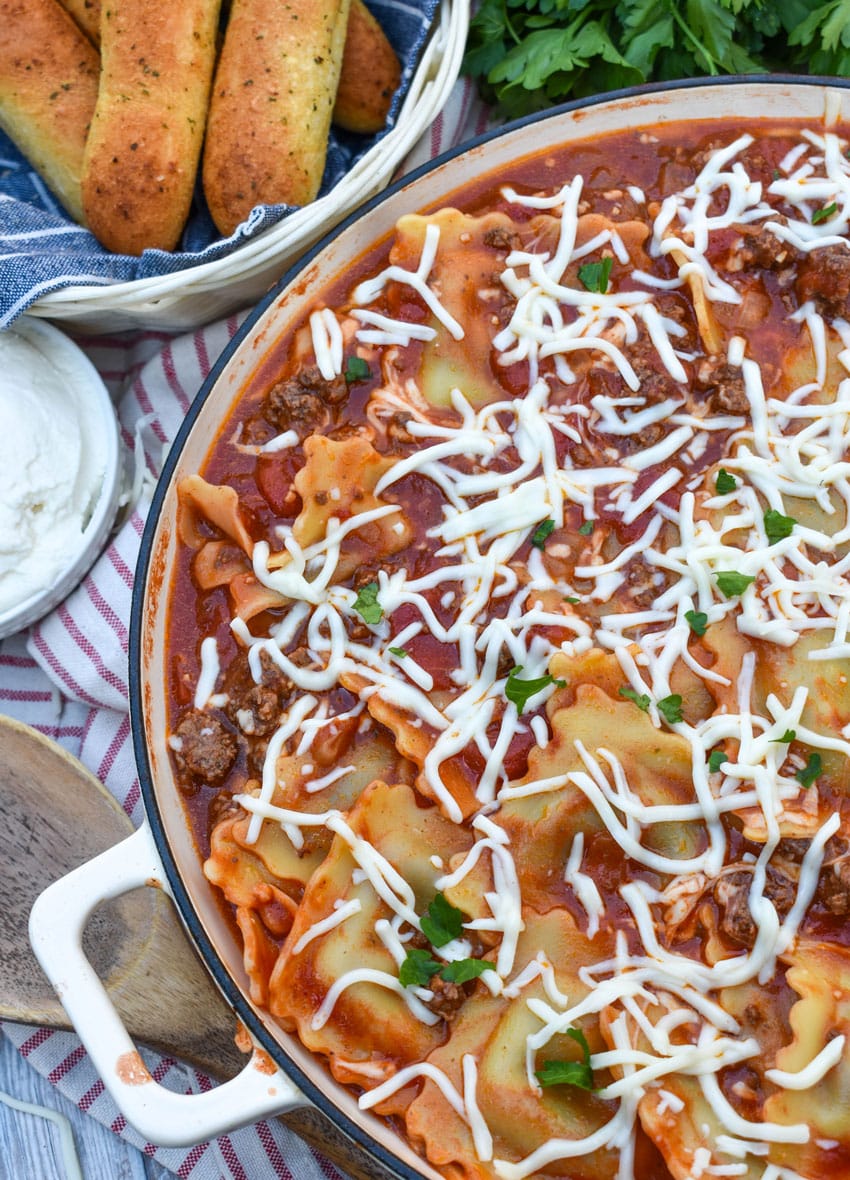 EASY RAVIOLI LASAGNA IN A LARGE CAST IRON SKILLET