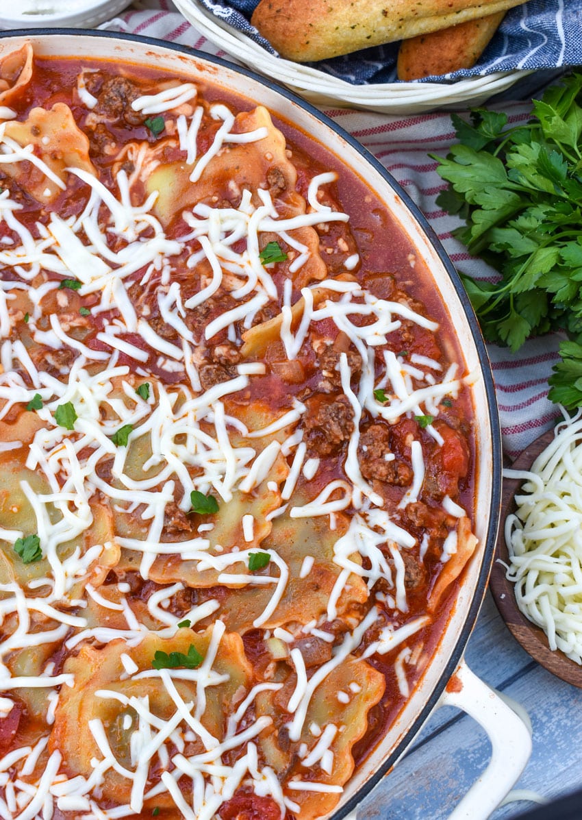 EASY RAVIOLI LASAGNA IN A LARGE CAST IRON SKILLET