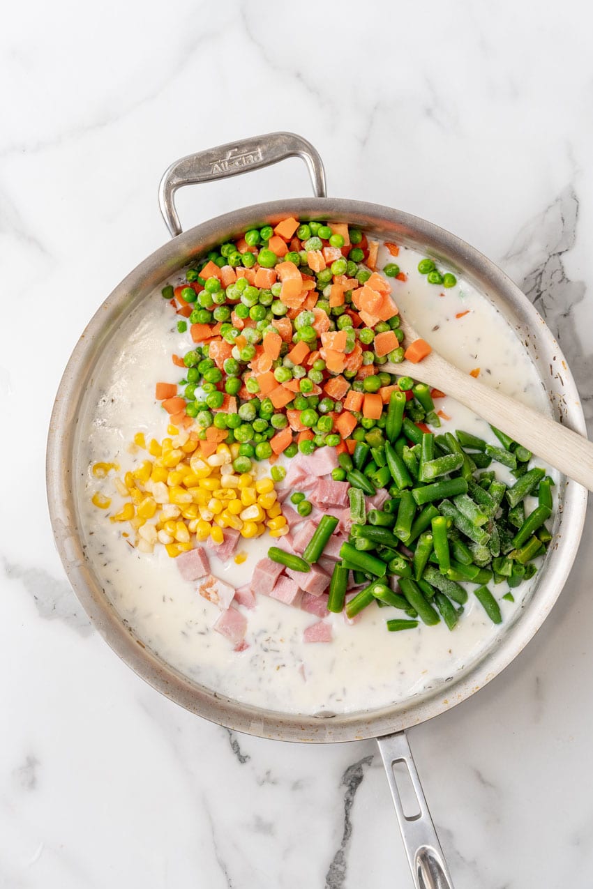 ham cobbler filling in a large metal skillet