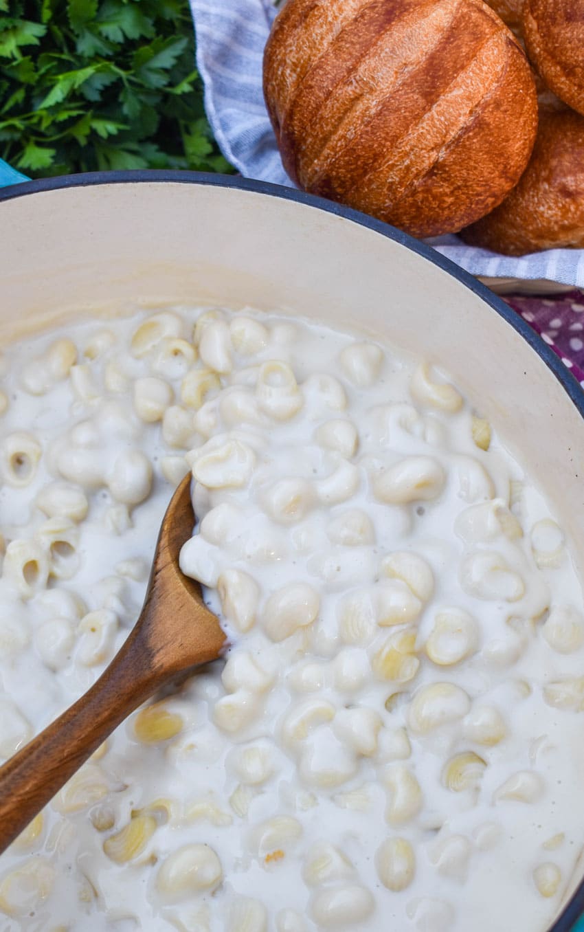 homemade panera bread mac and cheese in a red dutch oven