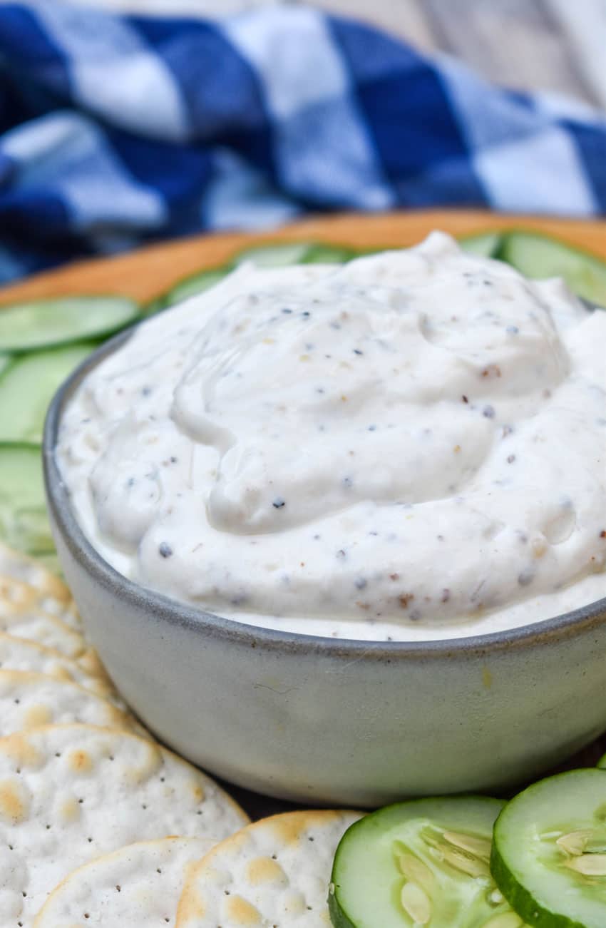 montreal steak seasoning dip in a small gray bowl surrounded by chips and crackers
