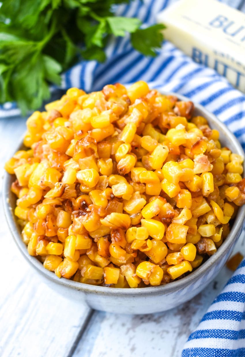 southern fried skillet corn in a small gray bowl