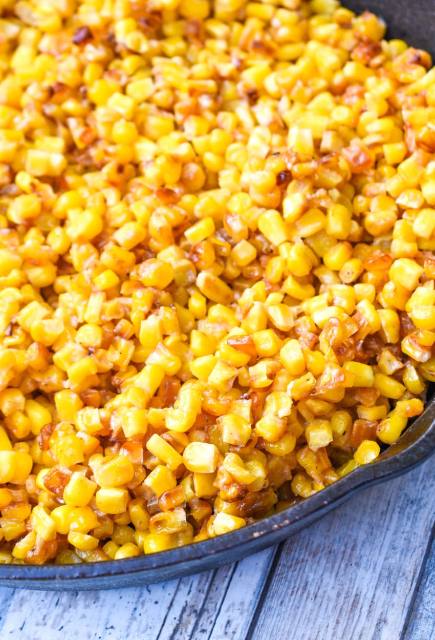 southern fried skillet corn in a black cast iron skillet