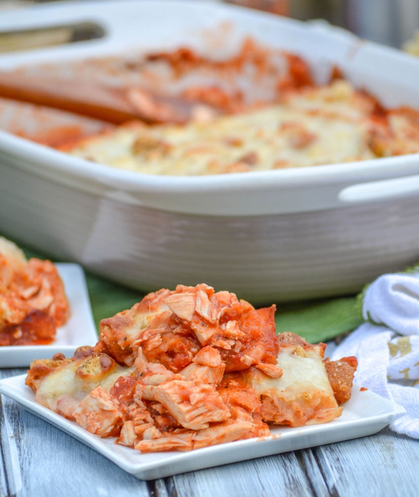 chicken parmesan casserole on a white plate