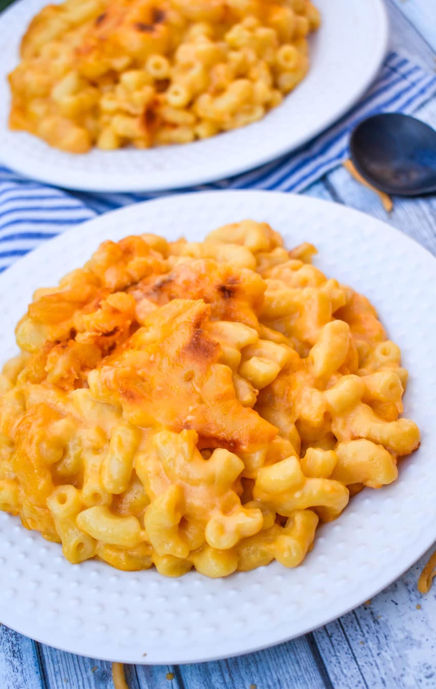 copycat stouffer's macaroni and cheese recipe served on two small white plates