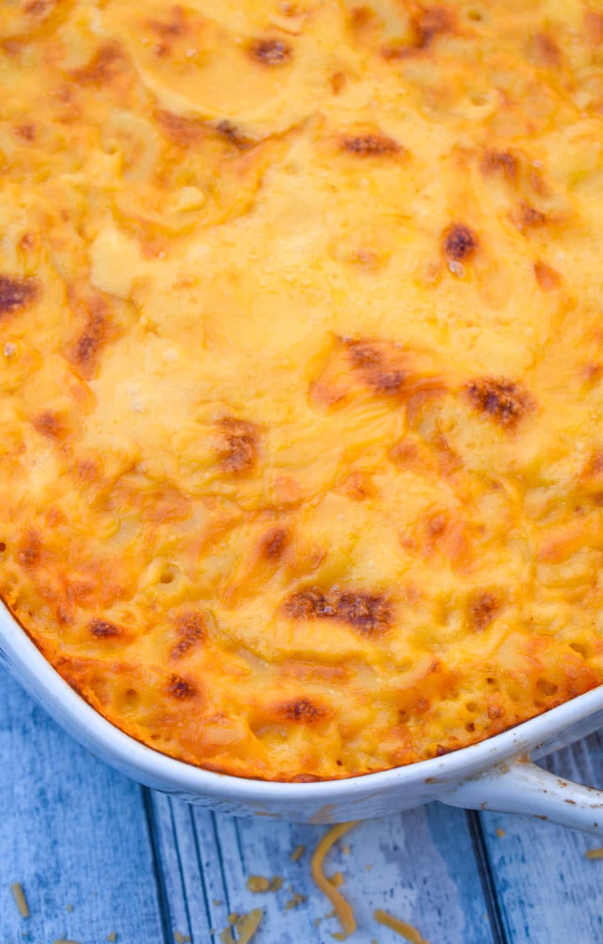 homemade stouffer's macaroni and cheese recipe in a white baking dish