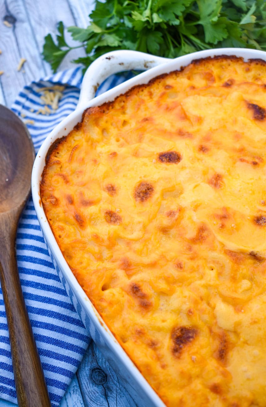 homemade stouffer's macaroni and cheese recipe in a white baking dish