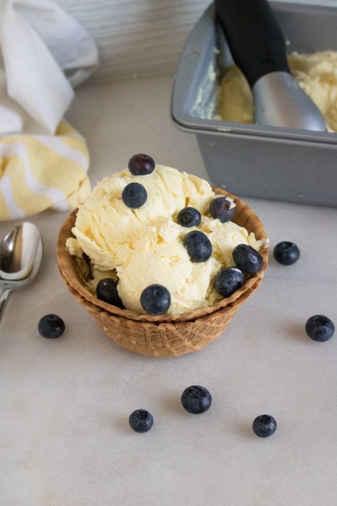 creamy pale yellow ice cream scoops set in waffle cone bowls and garnished with fresh, ripe blueberries