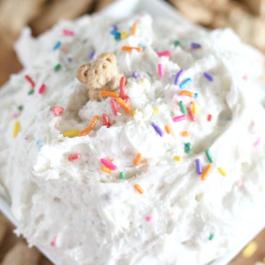 RAINBOW SPRINKLE TOPPED DUNKAROO DIP IN A WHITE SERVING BOWL