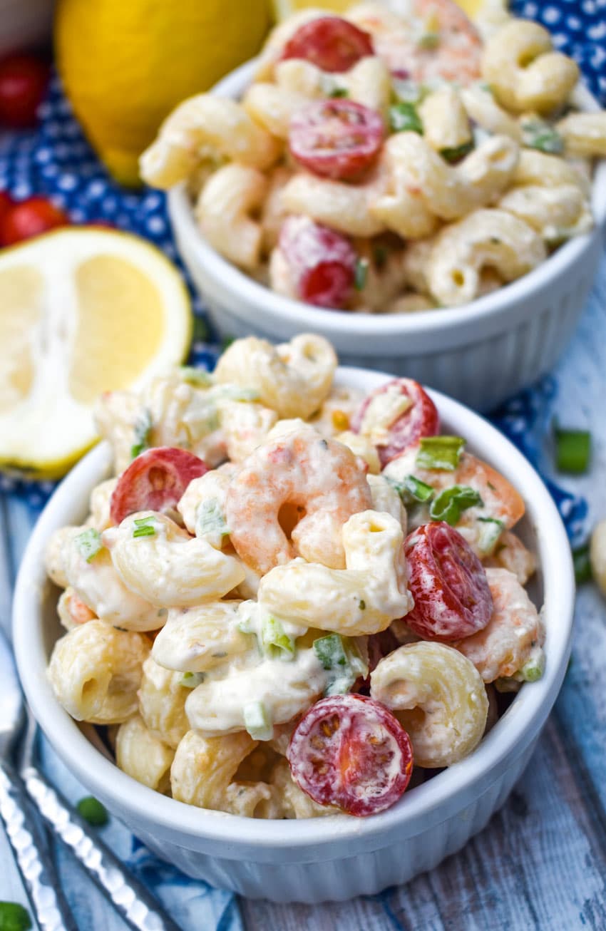shrimp scampi pasta salad in two small white bowls
