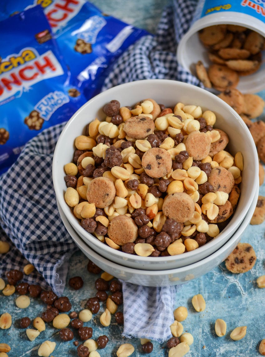 buncha crunch snack mix in a small white bowl