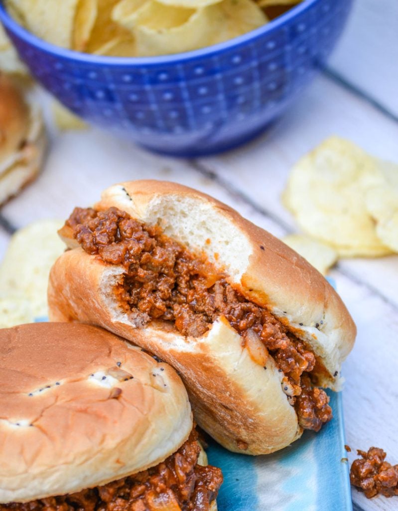 Grandma's sloppy joe's from scratch served on light blue plates with potato chips