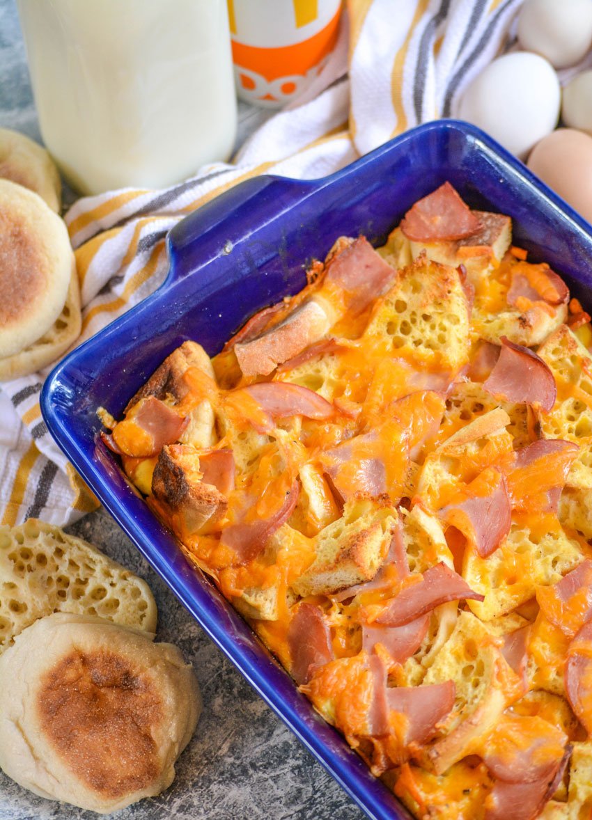 egg mcmuffin casserole in a blue baking dish