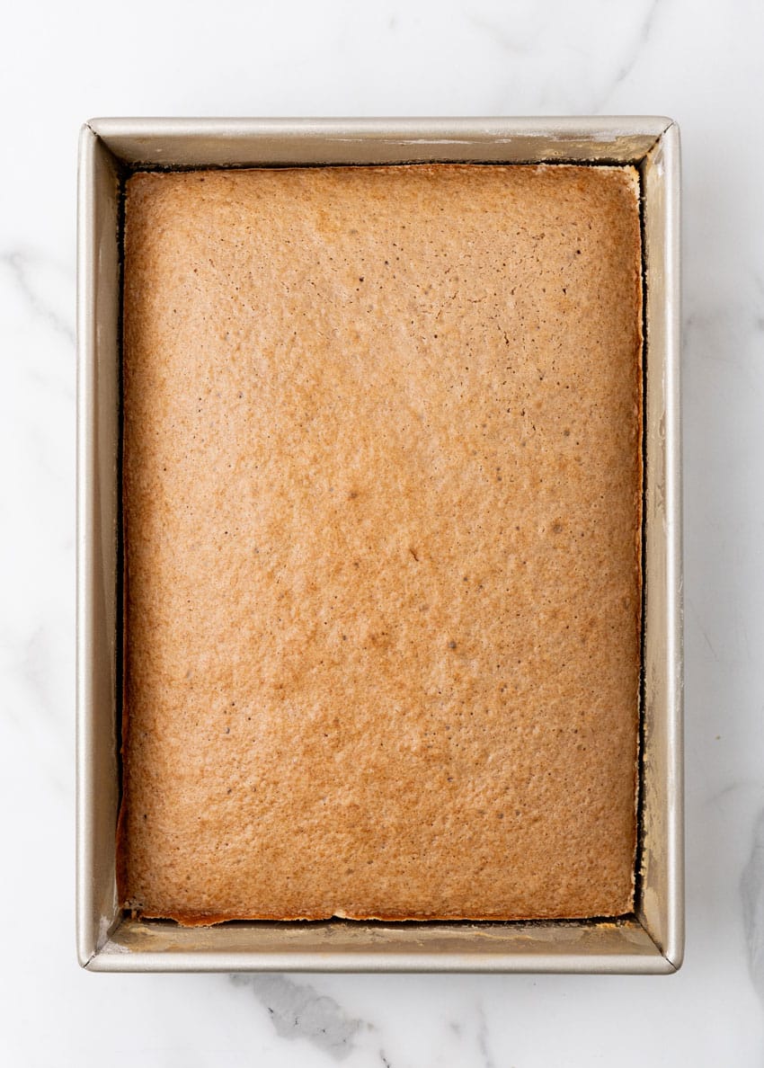 a baked spice cake in a 9x13 inch baking pan