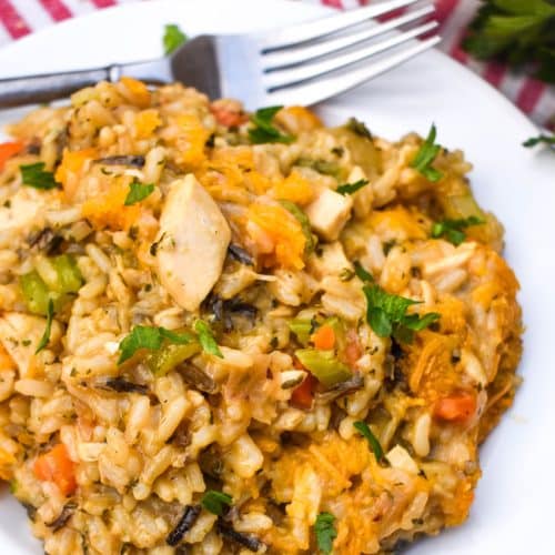 cheesy chicken and wild rice casserole on a white plate with a silver fork resting on the side